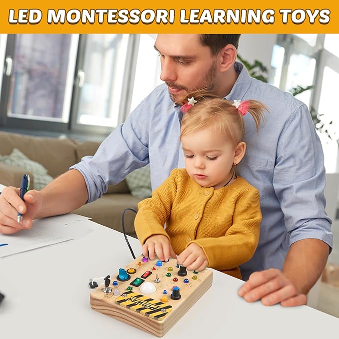 Joyreal Montessori Toddler Busy Board, 19 Led Wooden Sensory Board Educational Toy, Montessori Toys for 1-6 Year Old, Travel Toys Gifts for Toddlers Boys and Girls-CubbioJoy
