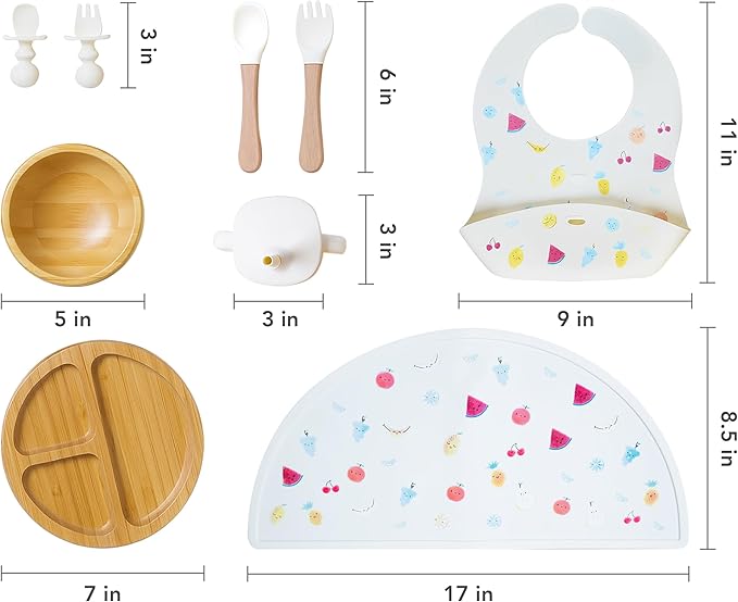 Bamboo Baby Feeding Set for Infants & Toddlers - Baby Essentials, Non-Toxic, Sustainable, Bamboo Suction Plate & Bowl, Bib, Sippy Cup w/Lid & Straw, Daily Use, Travel, Baby Shower Gifts (Vanilla)-CubbioJoy