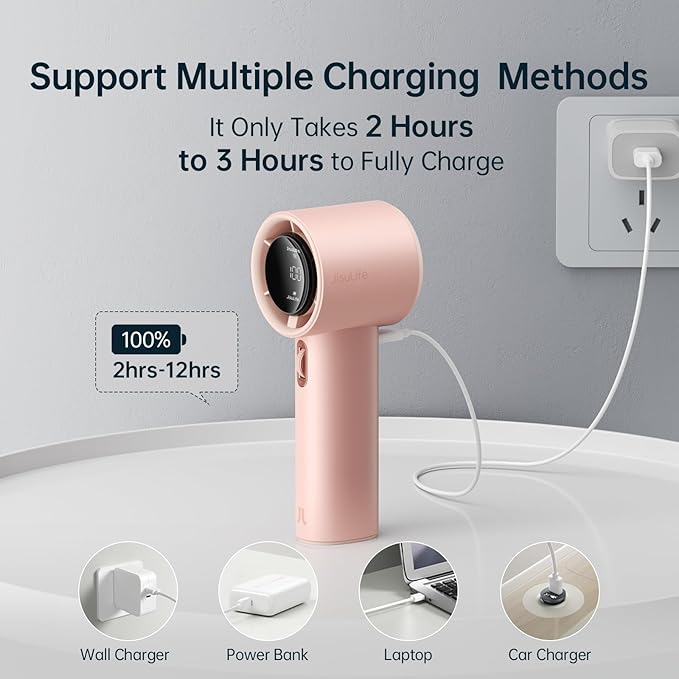 JISULIFE Portable Handheld Fan, Speed(1-100) Adjustable Turbo Mini and 3600mAh Battery Rechargeable Personal Fan, Digital Display, Gifts for Women Men Travel/Camping/Outdoor-Pink-CubbioJoy