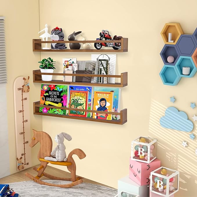 AZSKY Light Walnut Nursery Book Shelves 36 in Floating Wall Mounted Bookshelf Kids Room Hanging Shelves Toddlers Toys Books Storage Organizer a Set of 3-CubbioJoy
