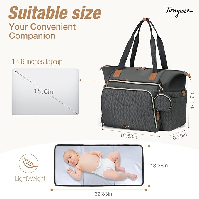 Diaper Bag Tote, Large Baby Diaper Bags Waterproof, Hospital Bag for Labor Delivery with Pacifier Case, Changing Pad, Shoulder Strap, Dark Gray-CubbioJoy