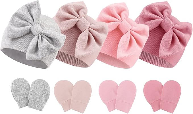 BQUBO Newborn Baby Hats Mittens Set Hospital Hat Beanie Infant Bow Hats Baby Gloves No Scratch Mittens for 0-6 Months-CubbioJoy