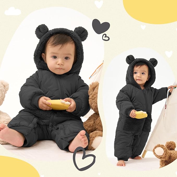 JiAmy Baby Snowsuit Newborn Winter Clothes Coat Romper Windproof Fleece Hat Zipper Baby Bear Outfit-CubbioJoy