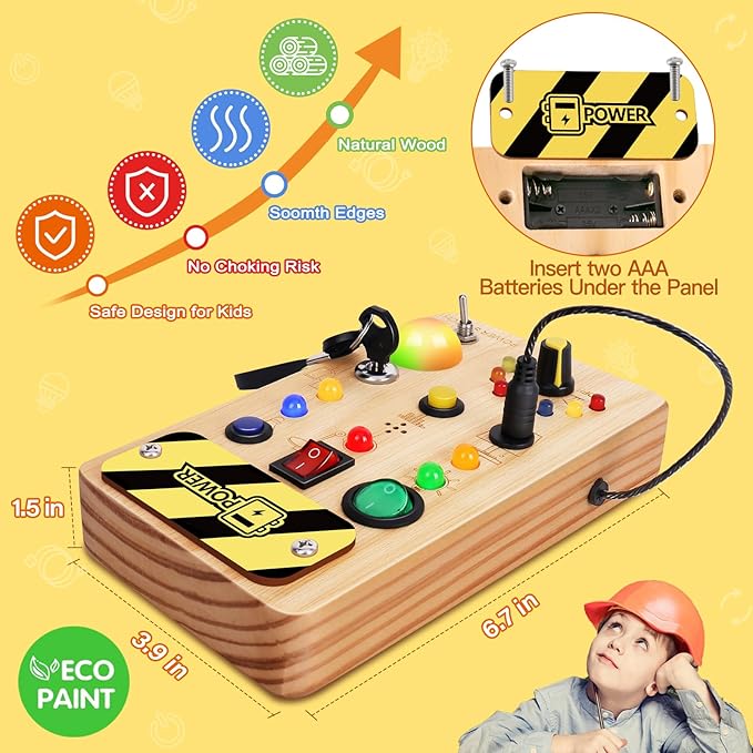 Busy Board Montessori Toys for Toddler, Wooden Sensory Board Switch Toy with Color-Changing LED Light Up Travel Toys Educational Plane Travel Activity for 1-6 Year Old Girls & Boys Gifts-CubbioJoy