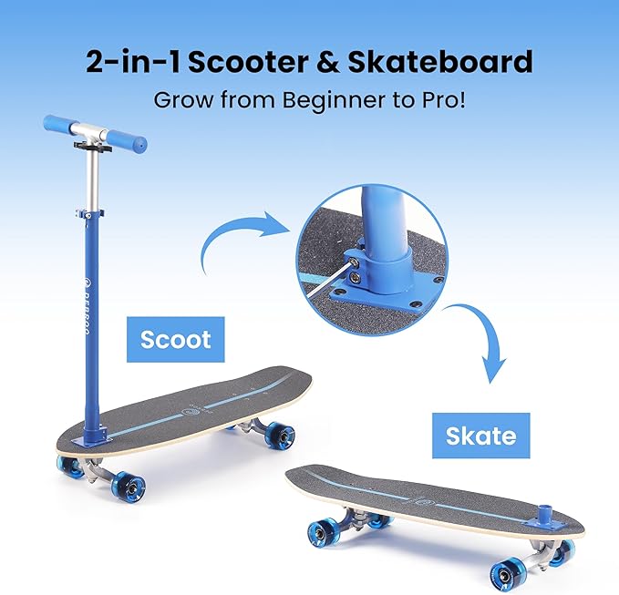 2-in-1 Kids Skateboard & Lean-to-Steer Scooter with Detachable Handlebar, LED Light-Up Wheels, Adjustable Height – Beginner Surf Skateboard for Ages 3+-CubbioJoy