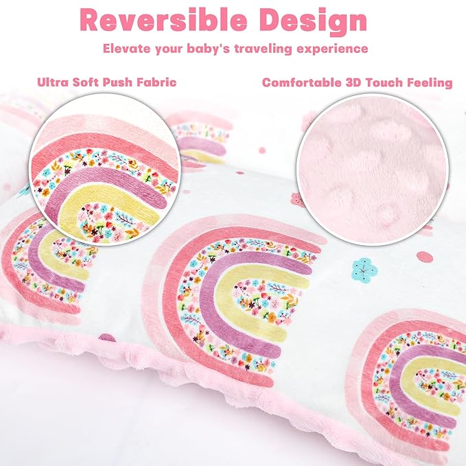 Infant Car Seat Insert with 3 Strap Covers, 3 in 1 Reversible Rainbow Baby Car Seat Head Support for Newborn, Baby Girl Newborn Essentials for Preemie to Infant, Stroller, Swing, Bouncer (Pink)-CubbioJoy