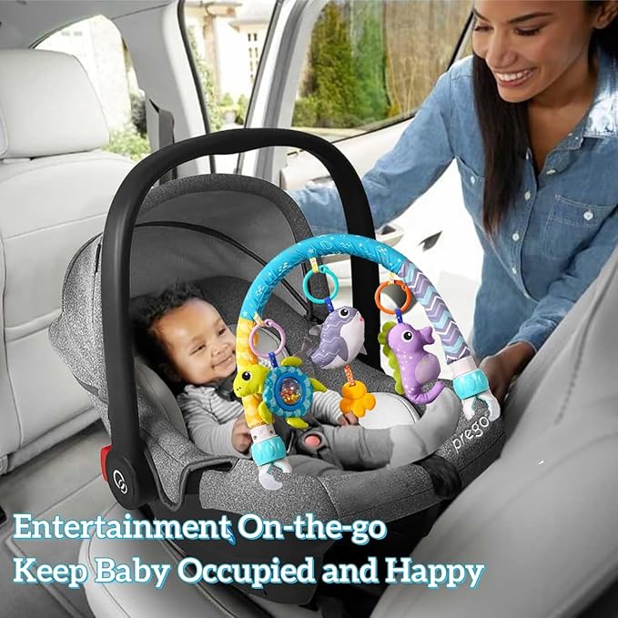 Baby Stroller Arch Toy, Clip On Arch Mobile for Bassinet with Universal Clamps, Activity Toy Bar for Bouncer Musical Crib Mobile Toys for Infants Car Seat Toys Rattle Turtle Music Whale-CubbioJoy