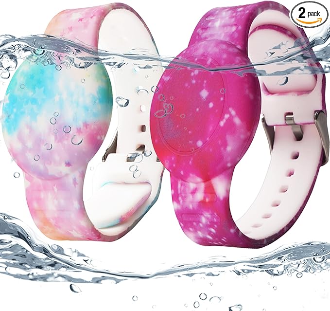 2 Pack Waterproof AirTag Bracelet for Kids, Hidden Printed Wristband for Apple Air Tag, Silicone AirTag Holder GPS Tracker Case for Band for Child Toddler, Secure Anti-Lost Protection(Pink,Purple)-CubbioJoy