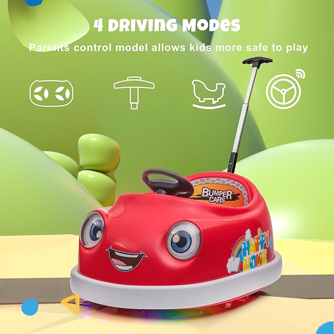 12V Dual Battery Electric Ride on Kids Bumper Car w/Remote Control,360 Degree Spin,Push Rod Rocker Horse Function,3-Speeds Babies & Toddlers Bumping Car Ride on Toy Gift for 1-4 Years Children (Red)-CubbioJoy