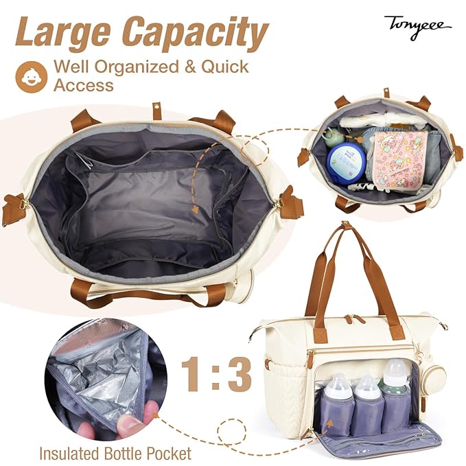 Diaper Bag Tote, Large Baby Diaper Bags Waterproof, Hospital Bag for Labor Delivery with Pacifier Case, Changing Pad, Shoulder Strap, Beige-CubbioJoy