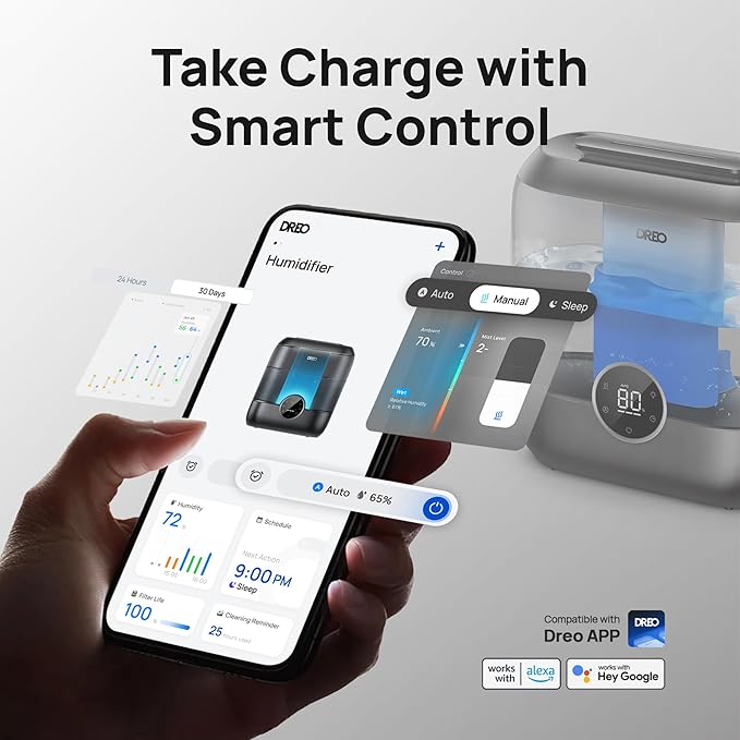 Dreo Smart Humidifiers for Bedroom, 6L Top Fill Supersized Cool Mist Humidifier for Large Room, 60 Hour Runtime, Quiet Ultrasonic Humidifiers for Plants, Baby, Indoor, Home, Night Light, Black-CubbioJoy