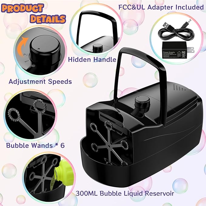 Bubble Machine, Automatic 18000+ Per Minute Big Bubbles Blower Maker for Kids Toddlers with 2 Speeds,6 Wands,Operated by Plugin or Batteries for Outdoor/Indoor Birthday Parties,Wedding (Black)-CubbioJoy