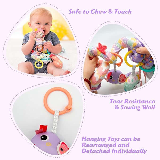Car Seat Toys for Babies 0-6 Months Boy Girl Carseat Toys Hanging Spiral Stroller Toy, Infant Toy 0-6 Months Baby Newborn 0 3 Month Brain Development with Music Teether Rattle-CubbioJoy