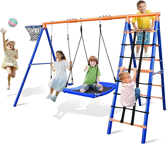 5-in-1 Heavy-Duty Metal Swing Set for Backyard - 500lb Capacity Outdoor Playset with Basketball Hoop & Climbing Rope-CubbioJoy