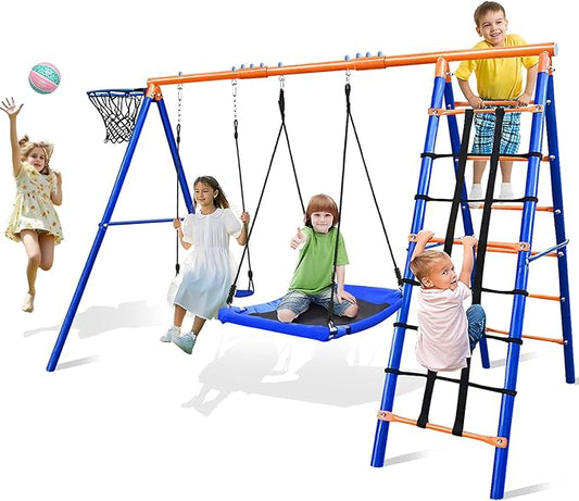 5-in-1 Heavy-Duty Metal Swing Set for Backyard - 500lb Capacity Outdoor Playset with Basketball Hoop & Climbing Rope-CubbioJoy