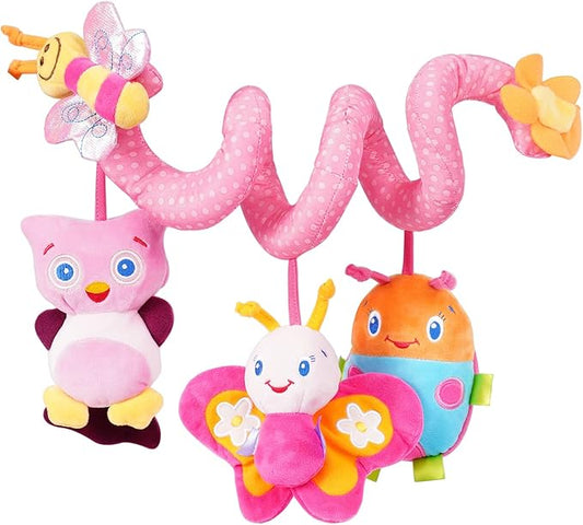 Jollybaby Baby Car Seat Stroller Toys, Plush Activity Hanging Spiral Activity Pram Crib with Music Box, Rattles, Squeaker for Babies Infant Boys Girls(Pink)-CubbioJoy