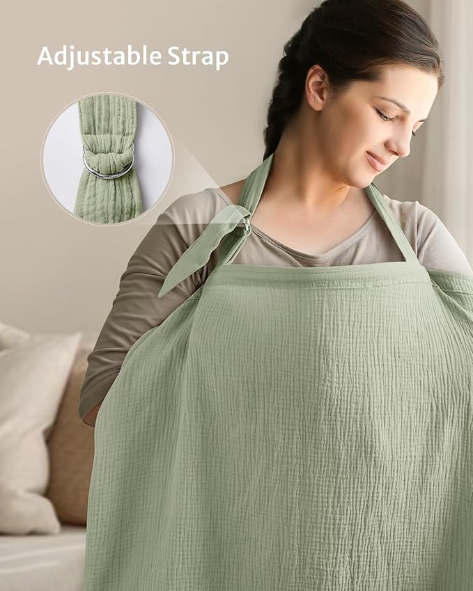 Blissful Diary Muslin Nursing Cover for Breastfeeding, Breathable Breastfeeding Cover up with Arch Neckline for Women, Nursing Apron(Sage Green)-CubbioJoy