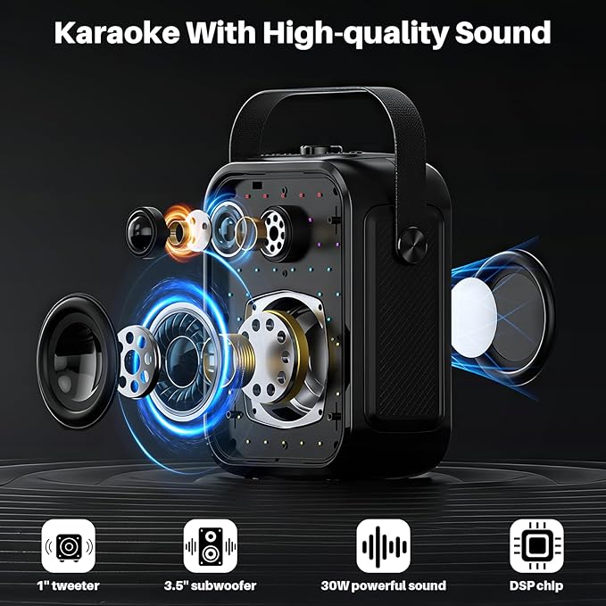Karaoke Machine, Portable Bluetooth Speaker with 2 Wireless Karaoke Microphones, Karaoke Machine for Adults Kids with Subwoofer, LED Light Support TWS/FM/USB/AUX for Home Party Outdoor-CubbioJoy