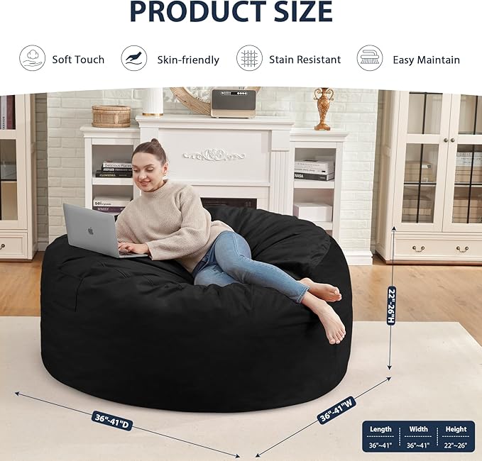 3FT Bean Bag Chair, Comfy Bean Bag Chairs with Memory Foam Filled, Fluffy Beanbag Sofa with Dutch Velvet Cover, Round BeanBag Chairs for Living Room, Playroom - Black-CubbioJoy