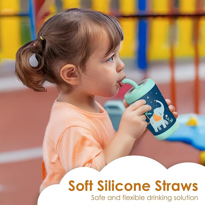 Kid Insulated Stainless Steel Tumbler with Silicone Straw, 12oz Sippy Cup for Kids (Dreamy Elephant)-CubbioJoy