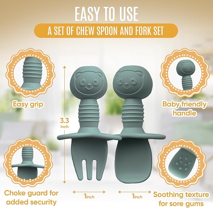 4pc Silicone Baby Spoons Self Feeding Baby Utensils 6-12 Months - 3 Baby Spoon - 1 Baby Fork - Toddler Cutlery Set - BPA Free, Dishwasher Safe, Baby Eating Essentials (Light pink/Army Green)-CubbioJoy