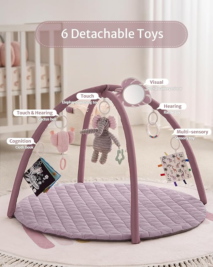 Blissful Diary Baby Play Gym Mat, Tummy Time Activity Mat with 6 Detachable Toys for Stage-Based Sensory & Motor Skill Development, Easy to Install & Clean, Baby Essentials Gift, Lavender Pink-CubbioJoy