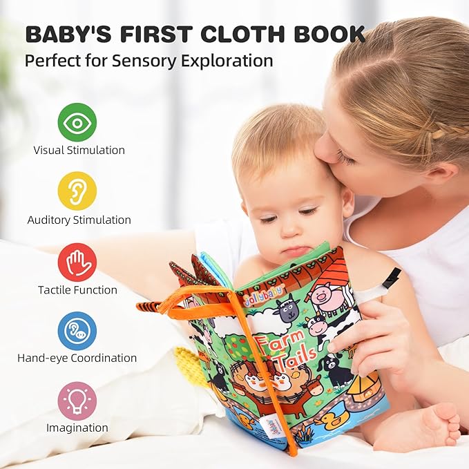 Jollybaby 2 PCS Sensory Touch and Feel Crinkle Books for Baby 0-6 Months, Jungle Farm Tails Montessori Car Set Toys for Tummy Time Newborn 6-12, Soft Fabric Cloth Books for Infant 1 Year Old Gift-CubbioJoy