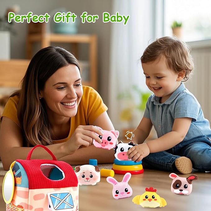 Baby Toys 6-12 Months, Soft Barn Toy with 6 Stuffed Farm Animals, Rattle, Crinkle, Mirror, Sensory Toys for Toddlers 1-3, 6 7 8 9 10 Month Old Baby Toys, Montessori Toys Gift for 1 Year Old Boy Girl-CubbioJoy
