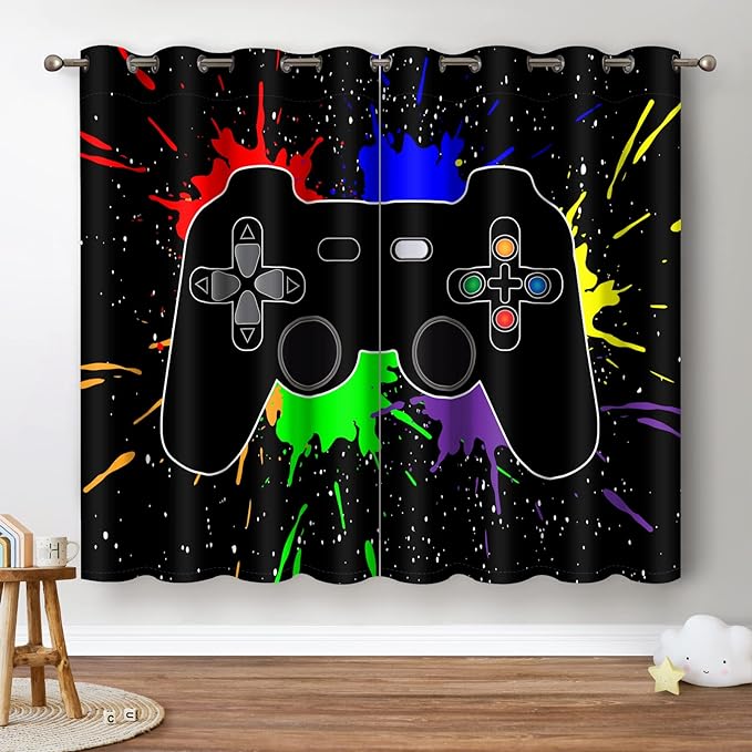 Jekeno Game Controller Blackout Curtains for Kids Boys Teens Bedroom Colorful Video Game Gamer Gaming Gamepad Decor for Home Living Room Grommet Window Drapes 2 Panel Set, 42"x84"-CubbioJoy