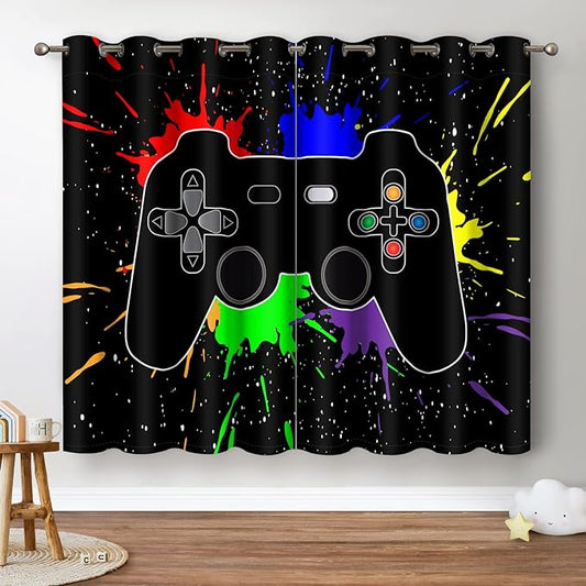 Jekeno Game Controller Blackout Curtains for Kids Boys Teens Bedroom Colorful Video Game Gamer Gaming Gamepad Decor for Home Living Room Grommet Window Drapes 2 Panel Set, 42"x84"-CubbioJoy