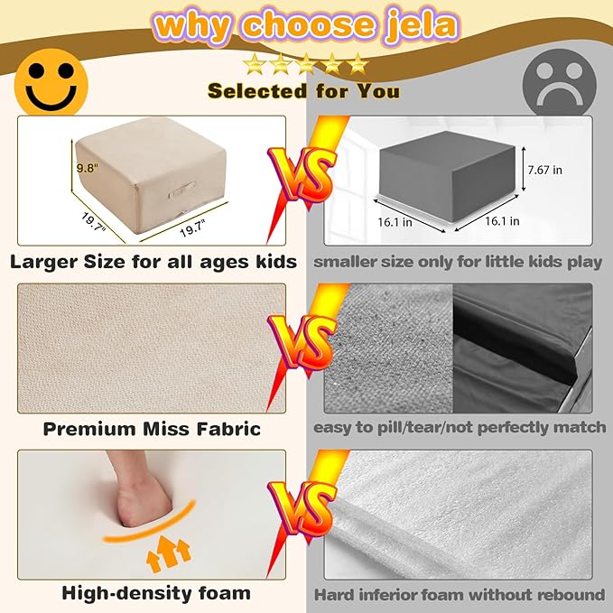 jela Foam Blocks 6Pcs Soft Play Equipment Luxury Miss Fabric, Toddler Climbing Toys Indoor Soft Play Climbing for Toddlers, Lightweight Climbing Blocks for Babies, Kids, Climb and Crawl Foam Playset-CubbioJoy