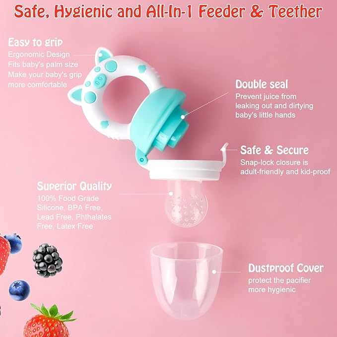 Baby Solids/Frozen Fruit Feeder Pacifier, Infant Teether Toy 4M+, BPA-Free Silicone Pouch & Nipple, Safely Introduce Solids, Teething Relief, 2-Pack (Piglet - Mint Green Pink, S/M/L)-CubbioJoy
