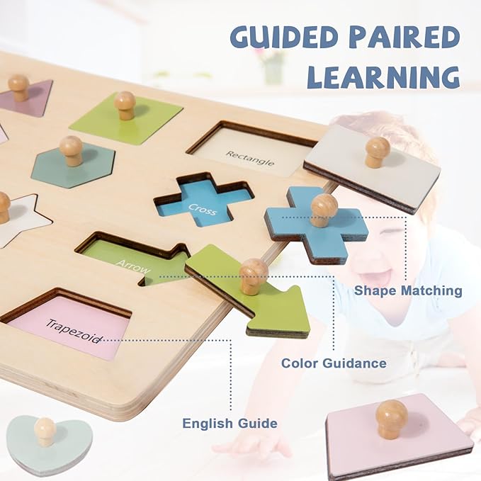 Adena Montessori Wooden Shape Peg 16 Piece Puzzle for Toddlers 2-4,Montessori Colorful Shapes Sorter Board,Geometric Color Matching Toys for Girls Boys 18-24 Months,Baby & Toddler Eearly Learning Gift-CubbioJoy