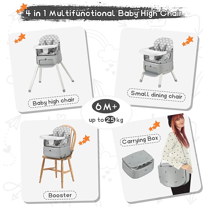 4 in 1 Portable Baby High Chair,Convertible Highchair for Babies & Toddlers-Foldable Infant Booster Seat,Carry Small Box,Dining Chair,Toddler High Chair with 5-Point Harness,Removable Tray-Grey-CubbioJoy