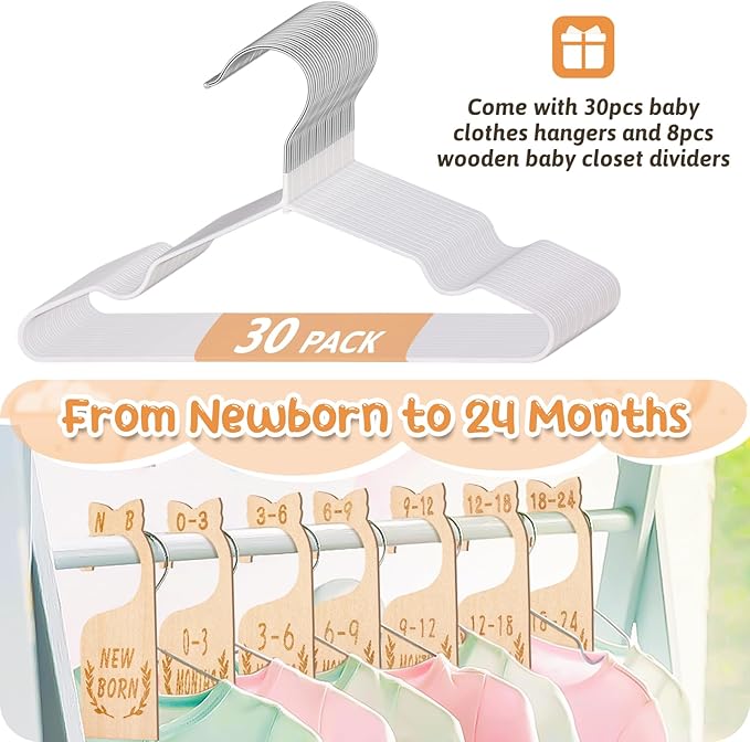 8Pcs Wooden Baby Closet Dividers for Baby Clothes Organizer, and 30Pcs Baby Hangers, Baby Closet Organizer Baby Clothes Dividers for New Mom Dad Parents, 0-24 Months, Large, SL0058-CubbioJoy