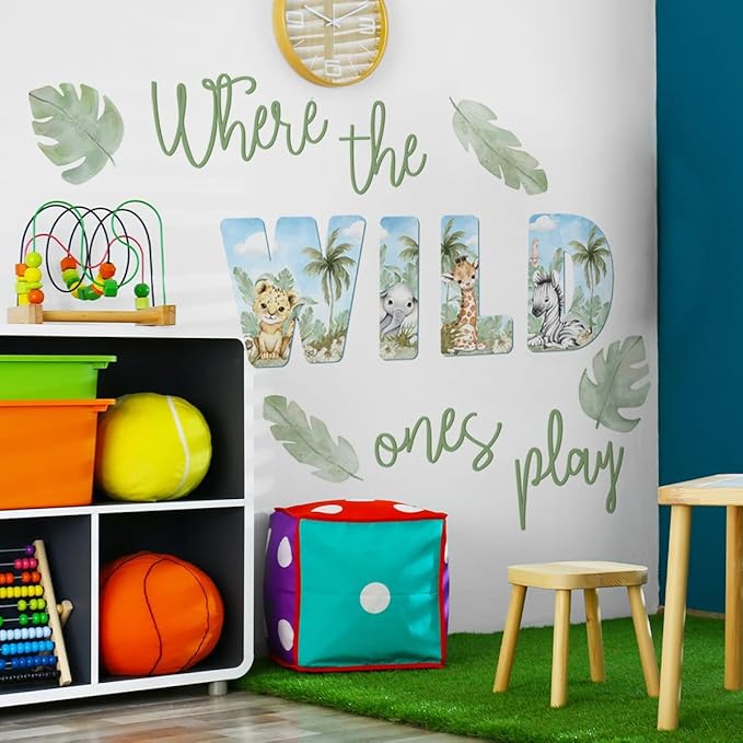 27.95x21.65 Inches Watercolor Wild Jungle Animal Wall Decals - Forest Safari Removable Stickers for Baby's Nursery, Playroom, Bedroom, Classroom - Tiger, Elephant, Giraffe Decor-CubbioJoy