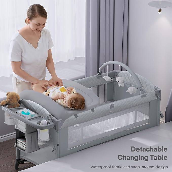 4 in 1 Baby Bassinet, Pack and Play, Bedside Crib Sleeper, Diaper Changer - Comes with Mattress, Mosquito Net，Bottom Storage and Toy Bar for Newborn to Toddles-CubbioJoy