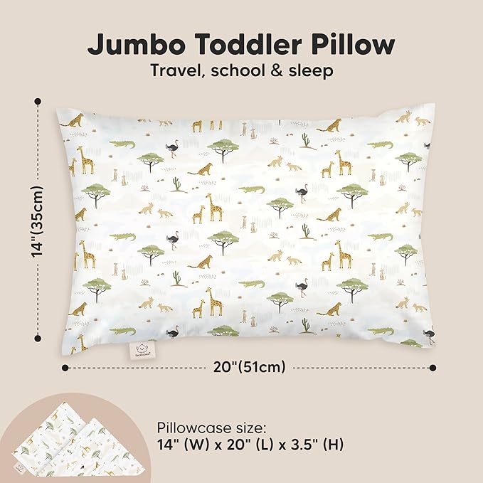 KeaBabies Toddler Pillow with Pillowcase, Jumbo 14X20 - Soft Organic Cotton Toddler Pillows for Sleeping - Machine Washable - Perfect for Travel, Toddler Bed Set (Grasslands)-CubbioJoy