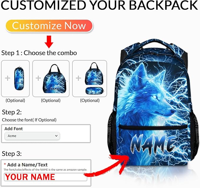 Custom Wolf Backpack for Boys Kids - 17 Inch Personalized Lightning Backpack for School Kindergarten Elementary Primary Senior Middle - Durable Cool Schoolbag with Name-CubbioJoy