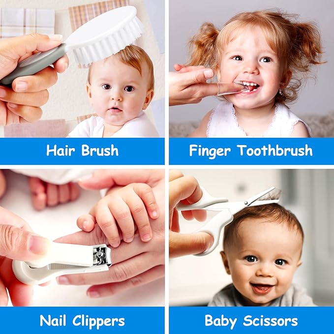 Baby Healthcare and Grooming Kit, 28 in 1 Portable Baby Essentials Kit Electric Nail Trimmer Set with Gas Relief Hair Brush Comb Nasal Aspirator for Newborn Boys Girls (Grey White)-CubbioJoy