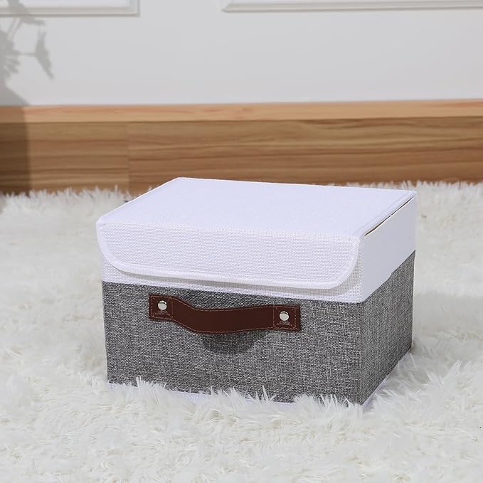 ANMINY Storage Boxes with Lids Washable Decorative Storage Bins Basket with PU Leather Handle Foldable Linen Fabric Storage Cubes Containers for Home Closet Organizer - Gray White, Small Size-CubbioJoy