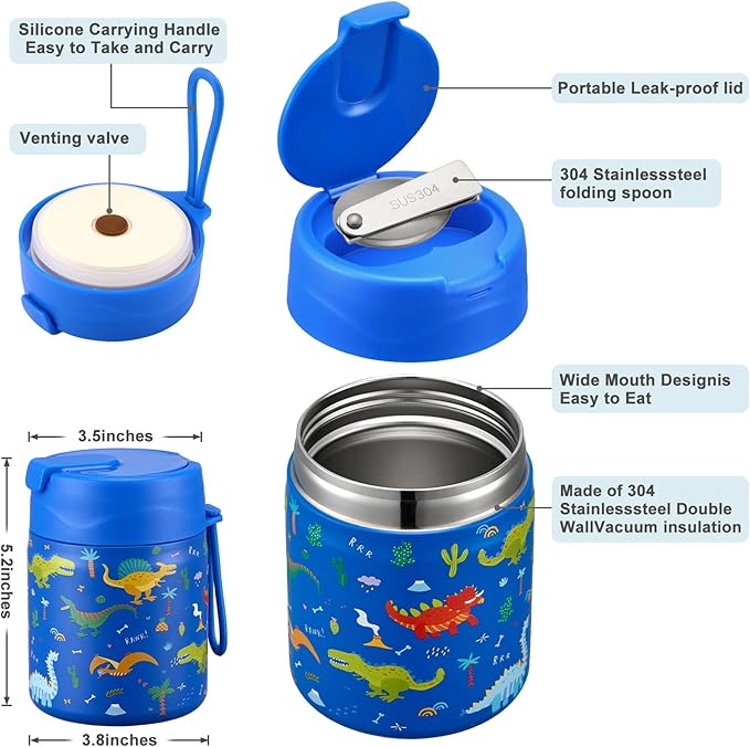 17oz Soup Thermo for Hot Food Kids,Insulated Food Jar with Spoon,Thermo Hot Food Lunch Container,Wide Mouth Leakproof Stainless Steel Lunch Box for School-Dinosaur-CubbioJoy