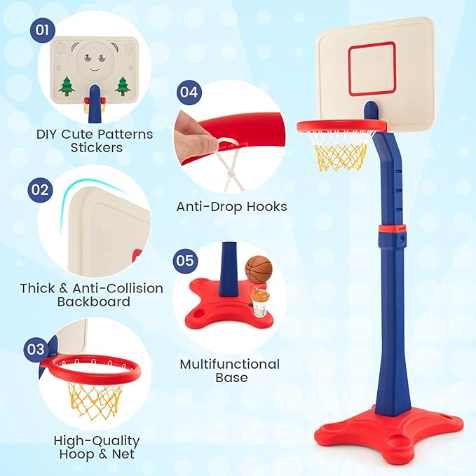 Costzon Kids Basketball Hoop, 8-Level Height Adjustable Basketball Goal Stand with Weighted Base, Indoor Toy Basketball Set Outdoor Play Sport for Boys Girls Age 3+-CubbioJoy