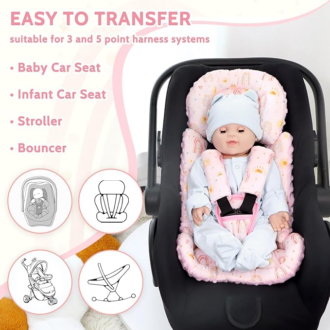 Infant Car Seat Insert and Strap Covers, Very Soft Car Seat Head Support Baby Girl Boy, Reversible Newborn Carseat Insert Cushion Fits for Stroller, Baby Swing, Bouncer (Pink Rainbow)-CubbioJoy