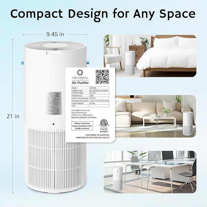 Airthereal 2-in-1 Air Purifier + Humidifier Combo for Large Room up to 1325 ft², 3-Stage Filters, Air Quality Monitor and Quiet Sleep Mode, Evaporative Humidifier with Auto Humidity Monitor, AEH300-CubbioJoy