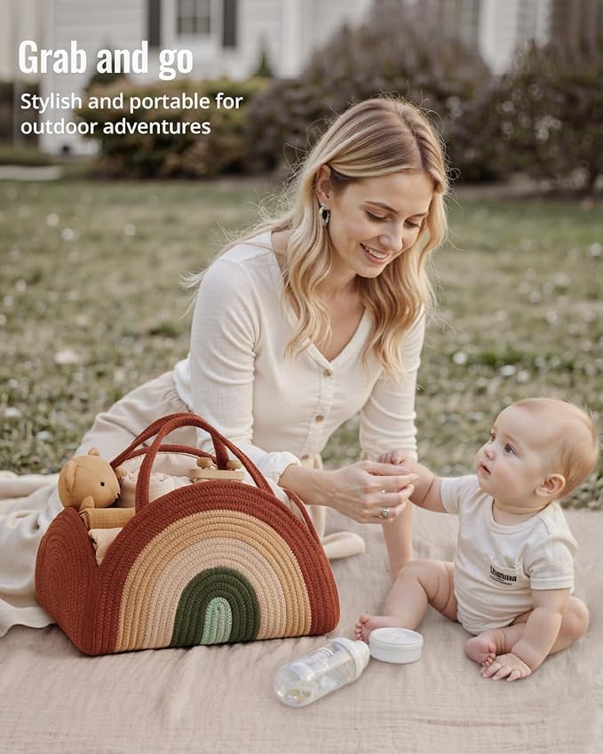 Blissful Diary Baby Diaper Caddy Organizer, Cotton Rope Diaper Caddy Basket, Large Storage Basket, Gift for Baby Shower, Newborn Essentials, Rustic Rainbow-CubbioJoy