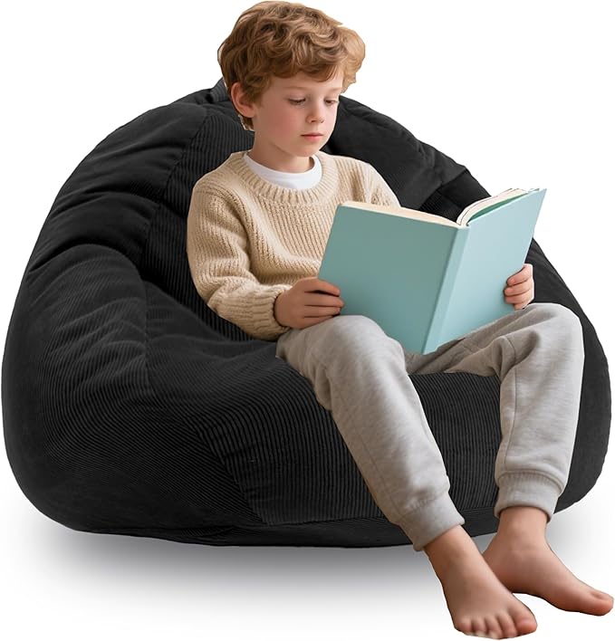 3FT Memory Foam Bean Bag Chairs for Teens or Kids with Filling Bean Bag Sofa with Handle Super Soft Washable Corduroy Fabric Lazy Sofa 3 Foot Black-CubbioJoy