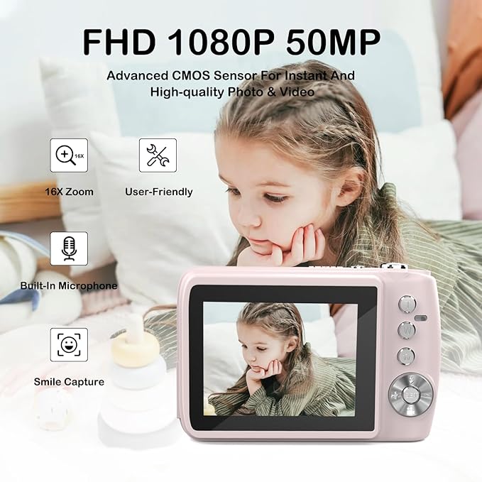 Digital Camera for 50MP FHD 1080P, Digital Point and Shoot Camera with 16X Zoom Anti Shake, Indoor&Outdoor Travel Compact Small Camera Gift for Boys Girls Kids Camera with 32GB Card, Pink-CubbioJoy