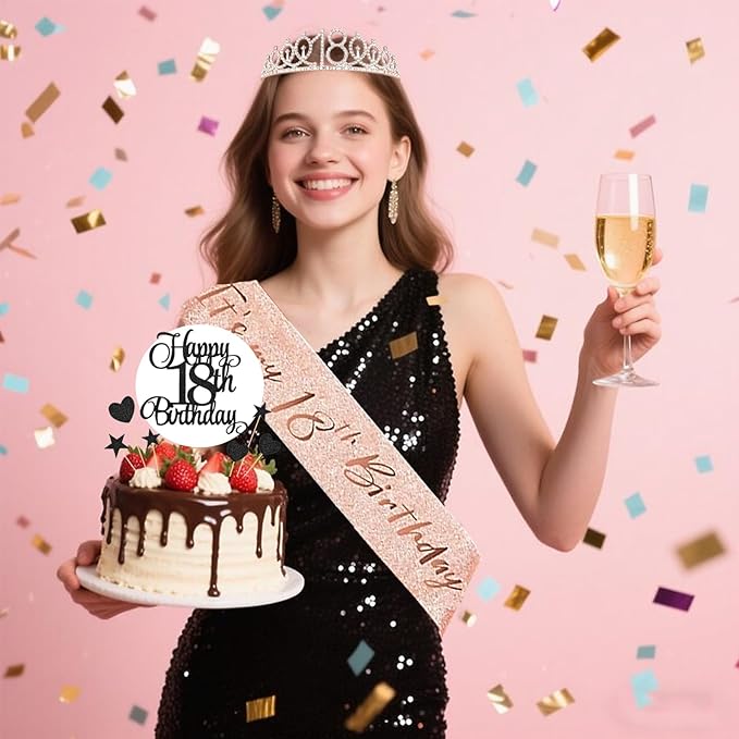 18th Birthday Decorations for Girls Women - 56pcs Rose Gold Happy 18th Banner, 18th Birthday Crown Sash, Cake Topper, Number 40 balloons, 3D Butterflies, 4 Balloon Stands kits-CubbioJoy