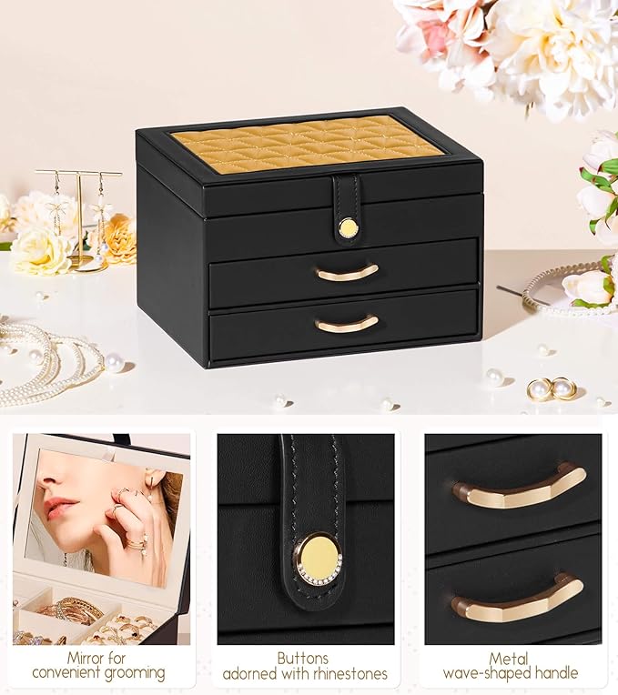 Black Jewelry Box Organizer: Home Decor for Women - 2-Drawer Holder for Valentine’s Day Birthday Christmas Black Gold-CubbioJoy